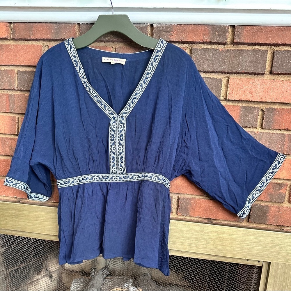 #7) Altard State Navy top with embroidered trim Size M